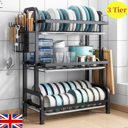 3 Tier Dish Drainer Rack With Drip Tray Cutlery Holder Plate Rack Kitchen Sink